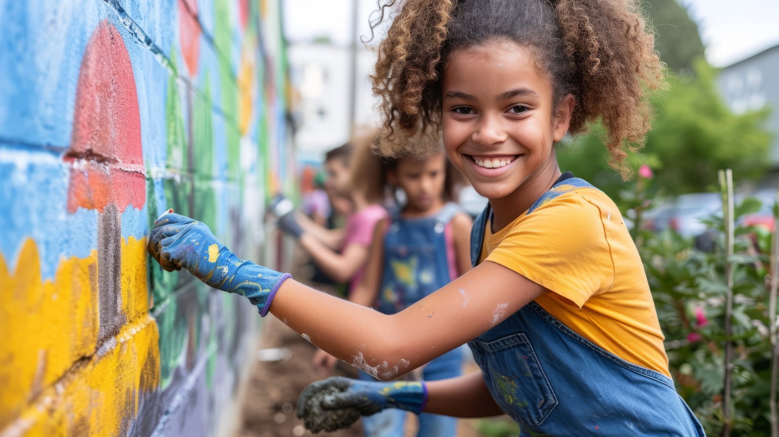 Smiling young girl painting colorful mural on community project day