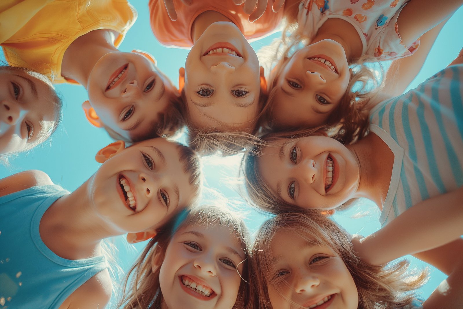 Below are pictures of children. Happy people hugging each other and smiling at the camera. The concept of childhood, leisure and people - a group of happy children of various nationalities under a blu